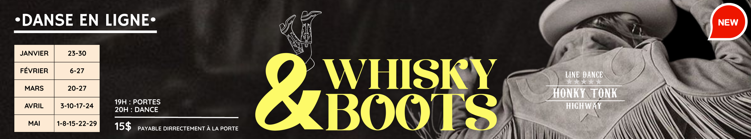 Soirée Danse en ligne Country / Pop au Private Room Tremblant, à La Conception, dans Les Laurentides. WHISKY & BOOTS.